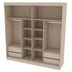 an open closet with drawers and shelves on the bottom shelf, isolated against a white background