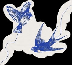 two birds flying next to each other on a white and blue sticker with dotted lines