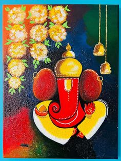 a painting of a red and yellow fire hydrant on a blue background with flowers