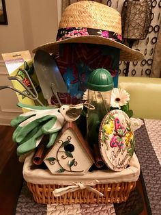 a basket filled with assorted items on top of a table