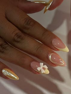 Free Returns ✓ Free Shipping✓. Instantly Upgrade Your Look With 24pcs Almond Square Press On Nails Set Fresh Design Yellow French Style 3D White Bow Fake Nail Elegant Golden Stripe French Style Iridescent Pearl Design Full Coverage Fake Nail Tips For Women And Girls Includes 1 Sheet Adhesive Tabs & 1 Pc Mini File- Press On Nails at SHEIN. Golden Nails, Cute Simple Nails, Girly Acrylic Nails, Her Nails, Almond Nails Designs, Trendy Nail, Ideas Nails, Yellow Nails, Fall Nail