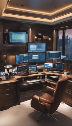 an office with multiple computer screens on the wall and two leather chairs in front of it