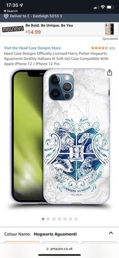 an iphone case with the hogwart's crest on it is displayed for sale