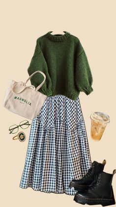 Gingham skirt and sweater combo is a classic Gingham Skirt Outfit, Revamp Wardrobe, Skirt And Sweater, Teaching Outfits, Midsize Fashion, Gingham Skirt, Fits Clothes, Fashion Images, Retro Outfits