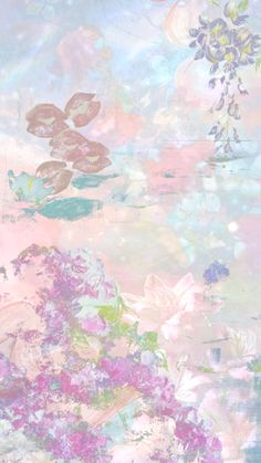 an abstract painting with flowers and water lilies in pastel colors on a pink background