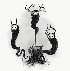 three black and white drawings of animals with antlers on their heads, standing next to a tree stump