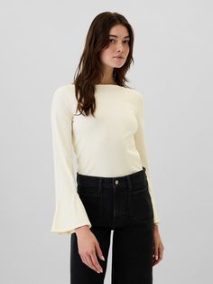 Ribbed Boatneck Bell Sleeve T-Shirt | Gap Factory Chic Stretch Tops With Ribbed Cuffs, Chic Bell Sleeve Tops For Fall, Chic Stretch Bell Sleeve Tops, Chic Bell Sleeve Stretch Tops, Trendy Ribbed Long Sleeve Top For Spring, Stretch Bell Sleeve Tops For Fall, Fall Stretch Tops With Bell Sleeves, Chic Tops With Flared Cuffs For Fall, Chic Bell Sleeve Long Sleeve Top For Fall