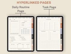 two planner pages with the text hyperlinked pages daily routine task page