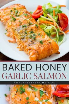 Here's a healthy dinner option this Holiday! This Baked Honey Garlic Salmon is a one-pot meal that’s healthy and protein-packed with goodness. It's' a quick weeknight dinner that’s low-carb and gluten-free with delicious flavor! Pin it now!