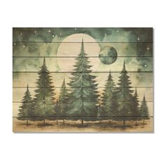 a painting on wood with trees and the moon in the night sky above it,