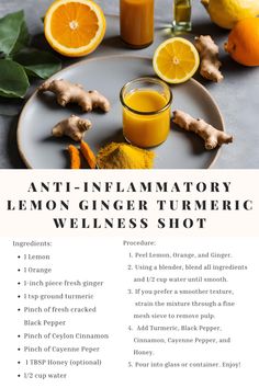 Boost your immune system and reduce inflammation with a refreshing, lemon, ginger, and turmeric wellness shot. Packed with antioxidants and anti-inflammatory properites. This shot supports digestion, joint health, and overall vitality in just one potent sip! Perfect for a daily health boost or a quick pick-me-up. Colon Inflammation Remedies, Anti Inflammation Shots, Cooking With Tumeric, Best Anti Inflammation Foods, Ginger Shots Benefits, Wellness Shots Recipe, Endo Recipes, Ginger Shot Benefits