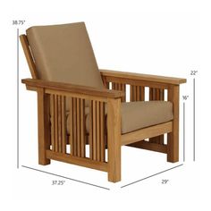 a wooden chair with a tan seat cushion and measurements for the armrests on it