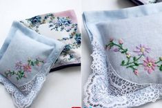 three different types of handkerchiefs with flowers on them and lace around the edges,