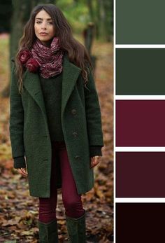 Teal Color Palette Outfit, House Of Colour Sultry Winter Outfits, Dark Autumn Color Combinations, Winter Colour Palette Fashion, Winter Color Palette Clothes Outfit Ideas, Burgundy Color Combinations Outfits, Green Winter Outfits, Green Capsule Wardrobe, Winter Color Palette Outfits