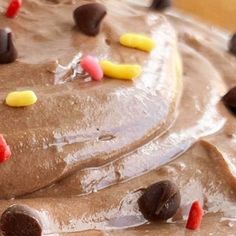 a cake with chocolate frosting and candy on top