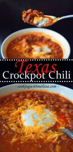 a spoon full of chili and cheese with the words texas crockpot chili