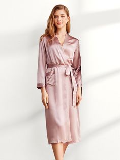 #color_darkpink Pink Silk Sleepwear For Loungewear, Elegant Long Sleeve Robe For Sleepover, Pink Spring Night Robe, Long Satin Robe For Loungewear, Pink Silk Long Sleeve Sleepwear, Long Sleeve Silk Robe For Home, Silk Long Sleeve Home Robe, Long Sleeve Silk Robe, Pink Long Sleeve Satin Robe