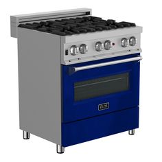 a blue and silver stove top oven sitting next to each other on a white background