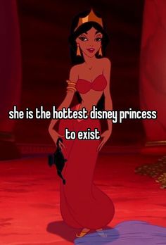 a woman in a red dress with the caption she is the hotest disney princess to