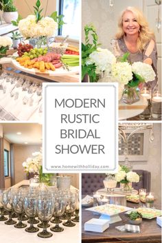 the modern rustic bridal shower is full of fresh flowers and greenery