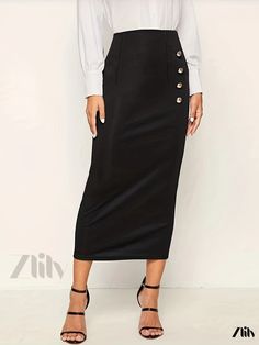 Zlily - Button-Front High-Waist Maxi Skirts for Women - Stylish & Sophisticated Office Attire Pencil Skirt With Buttons, High Waist Buttoned Party Skirt, Elegant High-waisted Pencil Skirt With Button Closure, Elegant High Waist Pencil Skirt With Buttons, Elegant Buttoned Pencil Skirt, Elegant Pencil Skirt With Buttons, Elegant Skirt With Buttons, Office Skirts, Sophisticated Office