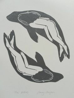 an ink drawing of two women sitting on their knees in the shape of a circle