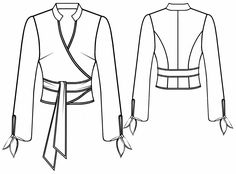 the front and back views of a cropped jacket with ties on each side, from left to right