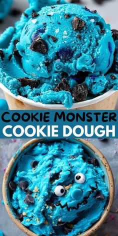 cookie monster ice cream in a cup with googly eyes