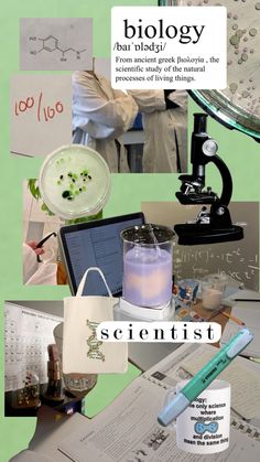 a collage of science related items including microscopes, books and papers