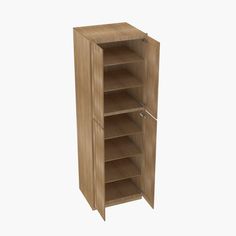 a tall wooden cabinet with three shelves on each side