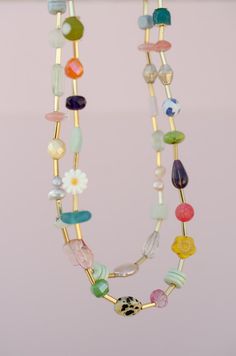 Colorful Beaded Friendship Necklace, Flower Necklace, Multicolored Necklace, Choker Necklace, Layering Necklace, Semiprecious Bead Necklace - Etsy Colorful Beaded Necklace, Gold Beaded Necklace, Flowers Colorful, Friendship Necklace, Necklace Flower, Gold Bead Necklace, Friendship Necklaces, Spring Jewelry, Necklace Crystal