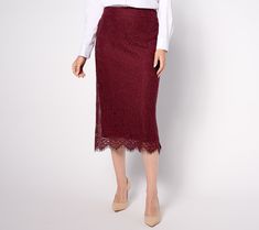 We're so in love with this lace midi skirt. Finished with a scalloped and eyelash trim along the hem, this pretty yet polished style makes a graceful entrance anywhere you go. From Isaac Mizrahi Live!TM. Lace Midi Skirt, So In Love, Isaac Mizrahi, Lace Midi, Lace Design, Classic Looks, Dress Skirt, Entrance, Midi Skirt