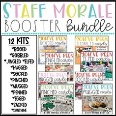 some posters with words and pictures on them that say, staff morale boosterer bundle