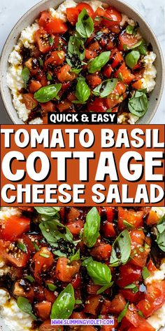 tomato basil cottage cheese salad with text overlay