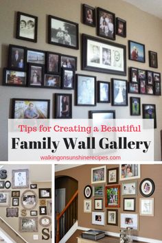 a family wall with many pictures hanging on the wall and below it is a staircase