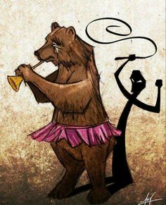 a drawing of a bear playing the trumpet with a woman standing next to it,