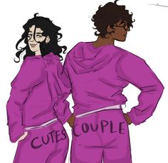 two people standing next to each other wearing purple outfits with the words cute couple written on them