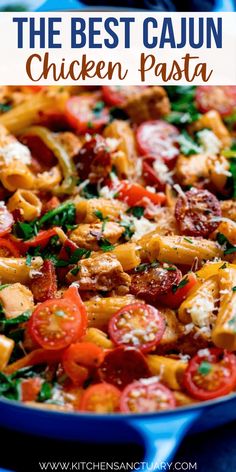 the best cajun chicken pasta with tomatoes and spinach in a blue skillet