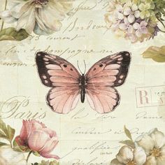 a pink butterfly sitting on top of a piece of paper with flowers and letters around it