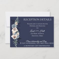 wedding reception details card with flowers and leaves on the front, in navy blue background