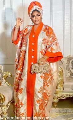 a woman in an orange and white outfit