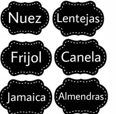 four black and white labels with the names of different languages