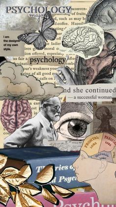 collage of images with words and pictures in the middle, including an image of a person's head