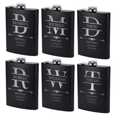 six personalized flasks are shown in black