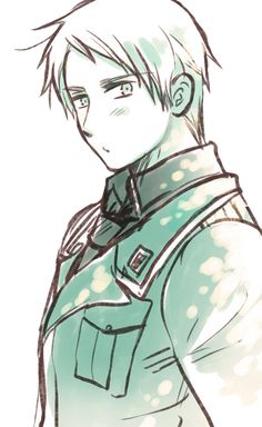 an anime character with short hair wearing a green coat and scarf, standing in front of a