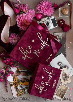 the bride's shoes and bouquets are laid out on the floor