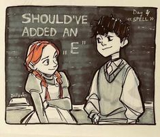 a drawing of two people sitting in front of a chalkboard