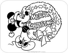 mickey mouse christmas coloring pages with the word merry on it and a wreath in the background