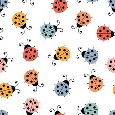 a group of ladybugs on a white background with different colors and sizes in the same pattern