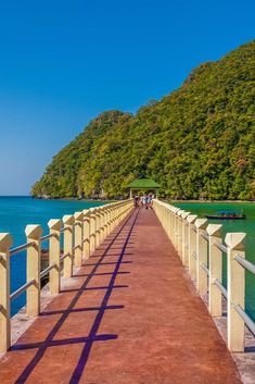 a long walkway leading to the ocean with people walking on it and trees in the background